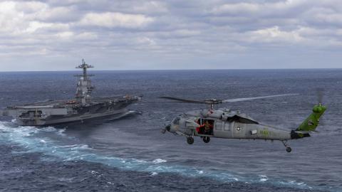 An MH-60S Sea Hawk helicopter, assigned to the “Dusty Dogs” of Helicopter Sea Combat Squadron (HSC) 7, prepares to land on the flight deck of Pre-Commissioning Unit John F. Kennedy (CVN 79) as the ship transits the Atlantic Ocean during Builder's Trials, Jan. 28, 2026. This was the first aircraft to land on the Kennedy. Builder’s Trials provide an opportunity to test ship systems and components at sea for the first time, and make required adjustments prior to additional underway testing. (U.S. Navy photo by