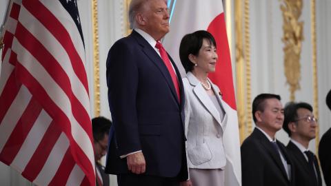 President Donald Trump views an honor guard with Japanese Prime Minister Sanae Takaichi at Akasaka Palace on October 28, 2025, in Tokyo, Japan. (Getty Images) Share to Twitter
