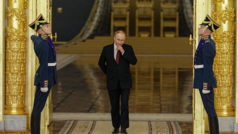 Russian President Vladimir Putin walks past honor guards during a ceremony to receive letters of credence from newly appointed foreign ambassadors at the Grand Kremlin Palace in Moscow on January 15, 2026. (Getty Images)