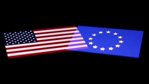 Getty Images of the US flag with the EU flag 
