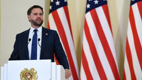 US Vice President JD Vance speaks during a joint press conference with Armenian Prime Minister following their talks in Yerevan on February 9, 2026. (Getty Images) Share to Twitter