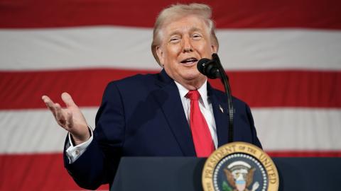 President Donald Trump speaks during a visit to the Fort Bragg US Army base on February 13, 2026, in Fort Bragg, North Carolina. (Getty Images)