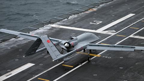 A Bayraktar TB3 armed unmanned aerial vehicle carries out its first operational demonstration during the NATO Steadfast Dart-2026 drill in the Baltic Sea on February 17, 2026. (Getty Images)