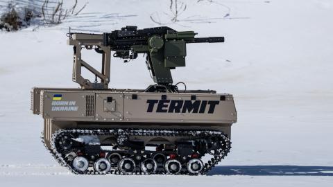 A Tencore unmanned ground vehicle TerMIT is seen being driven through the snow during a demonstration on February 20, 2026, in Kyiv Oblast, Ukraine. (Getty Images)