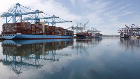 Shipping cranes and shipping containers at the Port of Los Angeles on February 20, 2026. (Getty Images)