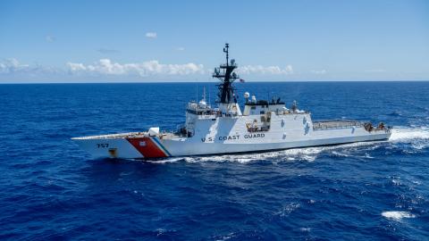 US Coast Guard Cutter Midgett, a Legend-class vessel, approaches Royal Canadian Navy replenishment oiler MV Asterix for a replenishment at sea on July 10, 2024, in the Pacific Ocean. (Royal Canadian Navy)