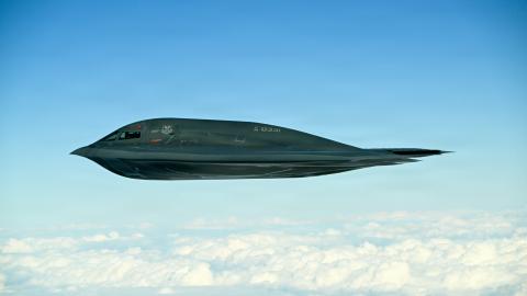 1. A U.S. Air Force B-2 Spirit conducts an integrated maritime strike training exercise with U.S. Navy F-35C Lightning II and F/A-18E Super Hornets from Carrier Air Wing Eleven (CVW-11) off the coast of California, on Feb. 10-11, 2026. Practicing innovative methods to employ and integrate strategic bombers like the B-2 with Navy carrier strike groups enhances combat capabilities through synchronized, integrated power projection. (U.S. Navy photo by Katie Archibald) 