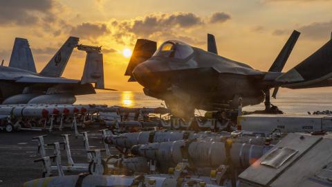 An F-35C Lightning II is staged for flight operations on the flight deck of the USS Abraham Lincoln in support of Operation Epic Fury on March 3, 2026. (US Navy)