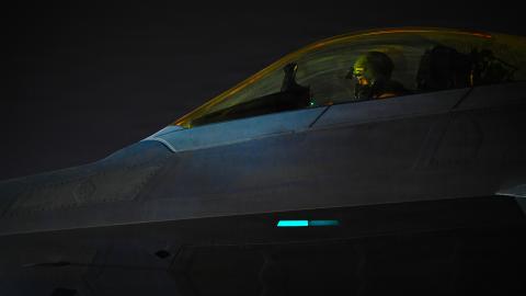 A U.S. Air Force Pilot taxis an F-22 Raptor at a base in the Middle East during Operation Epic Fury, March 15, 2026. (U.S. Air Force photo)