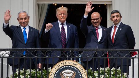 Israeli Prime Minister Benjamin Netanyahu, President Donald Trump, Bahrain Foreign Minister Abdullatif al-Zayani, and UAE Foreign Minister Abdullah bin Zayed Al-Nahyan wave from the Truman Balcony after signing the Abraham Accords in Washington, DC, on September 15, 2020. (Getty Images)