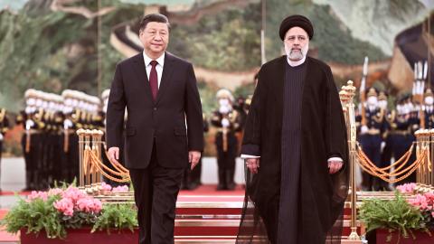 Chinese President Xi Jinping holds a welcoming ceremony for visiting President of the Islamic Republic of Iran Ebrahim Raisi prior to their talks at the Great Hall of the People in Beijing, China, February 14, 2023. (Getty Images)