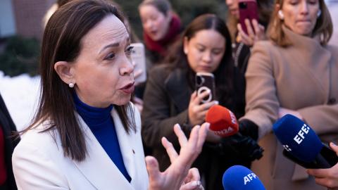 Caption Maria Corina Machado speaks to reporters at the Inter-American Commission on Human Rights (IACHR) in Washington, DC, on February 9, 2026. (Getty Images) Share to Twitter