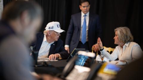 President Donald Trump speaks to White House Chief of Staff Susie Wiles as he oversees Operation Epic Fury at Mar-a-Lago on February 28, 2026 in Palm Beach, Florida. (Getty Images)