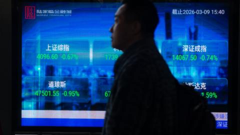 Caption A digital display stock index is seen in Lujiazui, China, on March 9, 2026. (Getty Images) 