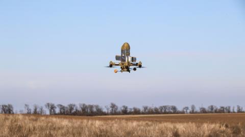 An interceptor drone used by Ukraine's 208th Khersonska Anti-Aircraft Missile Brigade flies in the sky as the unit carries out combat missions in Ukraine on March 4, 2026. (Getty Images)