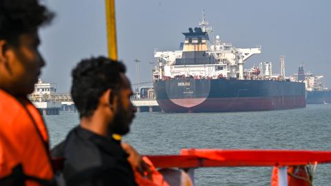 The Liberia-flagged crude oil tanker Shenlong Suezmax successfully docked at Mumbai Port after navigating the high-risk Strait of Hormuz on March 11, 2026, in Mumbai, India. (Getty Images) Share to Twitter