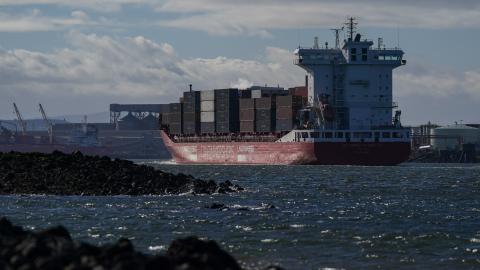 The vessel 'Containerships Borealis' arrives at the mouth of the River Tees on March 10, 2026, in Teesside, England. (Photo by Ian Forsyth/Getty Images) Share to Twitter