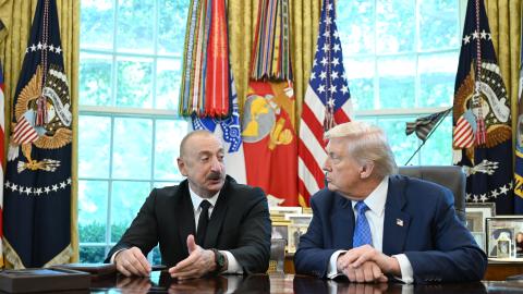 President Donald Trump and Azerbaijani President Ilham Aliyev hold a press conference f at the White House on August 8, 2025. (Getty Images)