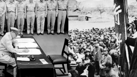 (L) General Douglas MacArthur signs the formal surrender on the USS Missouri in Tokyo Bay, September 2, 1945 (US Navy/Released) (R) Chinese communist guerrilla leader Mao Tse-Tung, November 12, 1944. (Fox Photos/Getty Images)