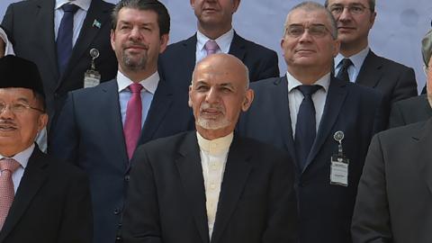Afghan President Ashraf Ghani, Indonesian Vice President Jusuf Kalla, and head of the Afghan Peace Council Karim Khalili after the second Kabul Process conference, February 28, 2018