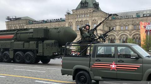 Russian Yars ballistic nuclear missiles on mobile launchers roll through Red Square during the Victory Day military parade rehearsals on May 6, 2018 in Moscow, Russia. (Mikhail Svetlov/Getty Images)