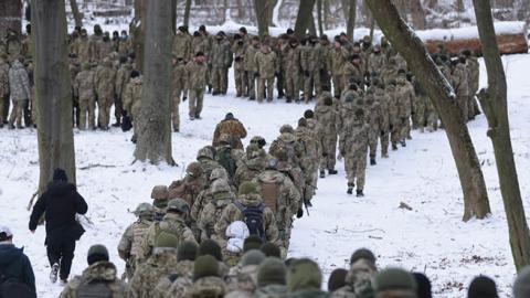 Civilian participants in a Kyiv Territorial Defense unit train on a Saturday in a forest on January 22, 2022, in Kyiv, Ukraine. (Getty Images)