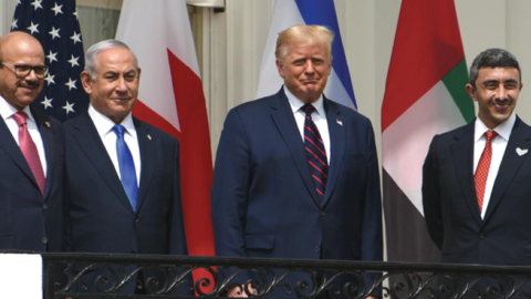 Leaders stand outside of the White House following the signing of the Abraham Accords on September 15, 2022, in Washington DC. (Chen Mengtong/China News Service via Getty Images)