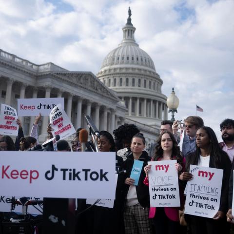 People gather to oppose a TikTok ban in Washington, DC, on March 22, 2023. (Brendan Smialowski/AFP via Getty Images)