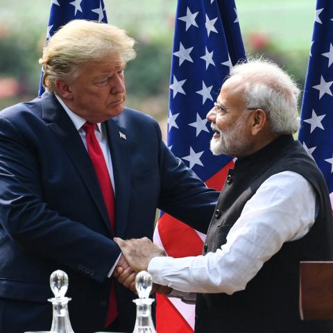President Donald Trump shakes hands with Indian Prime Minister Narendra Modi during a joint press conference at Hyderabad House in New Delhi, India, on February 25, 2020. (Prakash Singh via Getty Images)