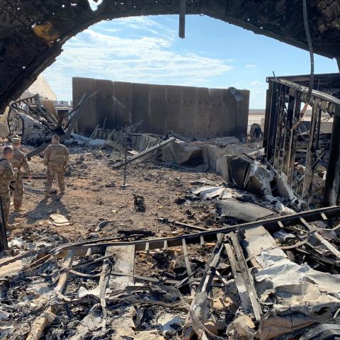 Damage at Ain al-Asad air base housing US and other troops in the western Iraqi province of Anbar is seen on January 13, 2020, after an Iranian missile strike. (Getty Images)