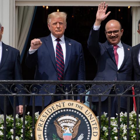 Israeli Prime Minister Benjamin Netanyahu, President Donald Trump, Bahrain Foreign Minister Abdullatif al-Zayani, and UAE Foreign Minister Abdullah bin Zayed Al-Nahyan wave from the Truman Balcony after signing the Abraham Accords in Washington, DC, on September 15, 2020. (Getty Images)