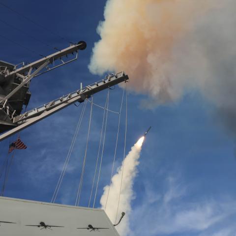 Arleigh Burke-class guided-missile destroyer USS Thomas Hudner (DDG 116) fires a Tomahawk land attack missile during Operation Epic Fury, Mar. 21, 2026. (U.S. Navy Photo)