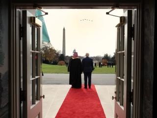  Crown Prince and Prime Minister Mohammed bin Salman of Saudi Arabia (L) and U.S. President Donald Trump watch a military flyover as bin Salman arrives at the White House on November 18, 2025 in Washington, DC. Trump is hosting the crown prince for meetings aimed at strengthening economic and defense ties, including the U.S. sale of F-35 fighter jets to Saudi Arabia. (Photo by Win McNamee/Getty Images)