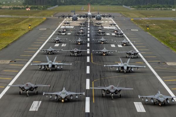 American aircraft  participate in an “elephant walk” at Misawa Air Base, June 22, 2020. (US Air Force photo by Staff Sgt. Melanie A. Bulow-Gonterman)