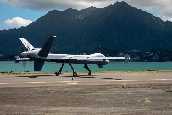 A US Marine Corps MQ-9A taxis the flight line on Marine Corps Air Station Kaneohe Bay, Hawaii, on June 20, 2023. (US Marine Corps photo)