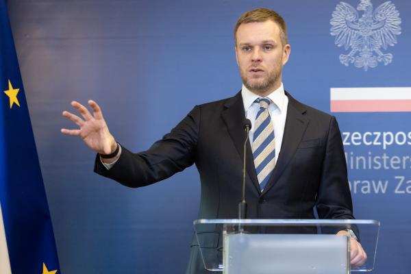 Gabrielius Landsbergis speaks during a press conference in Warsaw, Poland, on March 20, 2024. (Photo by Foto Olimpik/NurPhoto via Getty Images)