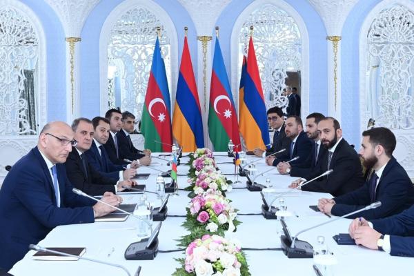 Azerbaijani Foreign Minister Jeyhun Bayramov and Armenian Foreign Minister Ararat Mirzoyan in Almaty, Kazakhstan, on May 10, 2024, in Almaty, Kazakhstan. (Photo by Azerbaijani ForeignMinistry/Handout/Anadolu via Getty Images)