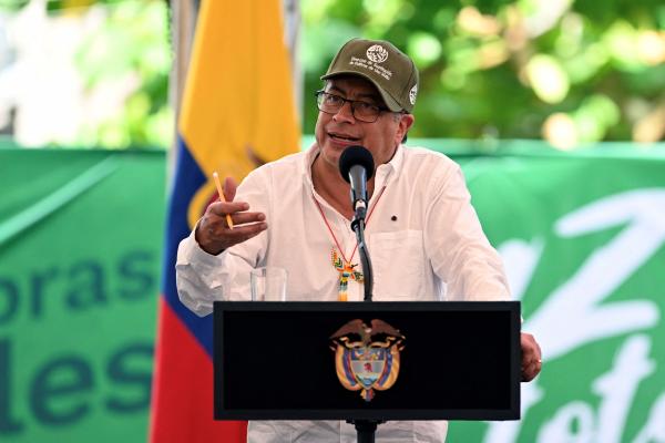 Colombia's President Gustavo Petro speaks during a meeting of illicit crops growers in the department of Nariño, Colombia, on May 13, 2023. (Joaquin Sarmiento/AFP via Getty Images)