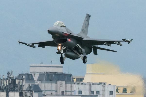 A Taiwanese Air Force F-16 fighter jet approaches for landing at an air force base in Hualien, Taiwan, on May 24, 2024. (Yasuyoshi Chiba/AFP via Getty Images)