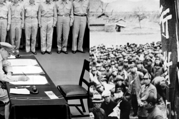(L) General Douglas MacArthur signs the formal surrender on the USS Missouri in Tokyo Bay, September 2, 1945 (US Navy/Released) (R) Chinese communist guerrilla leader Mao Tse-Tung, November 12, 1944. (Fox Photos/Getty Images)