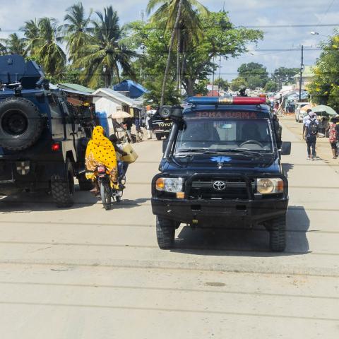 Rwandan Counter-Terrorism Special Units and Mozambique police patrol streets in the town of Palma as Rwanda provided military assistance after the militant group Ansar al-Sunna seized critical locations in the region rich in natural gas and valuable metals, in Palma, Cabo Delgado Province, Mozambique on December 18, 2023. (Cyrile Ndegeya/Anadolu via Getty Images)