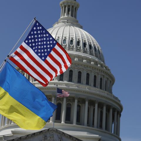 Flags for the United States and Ukraine fly on April 23, 2024, in Washington, DC. (Anna Moneymaker via Getty Images)