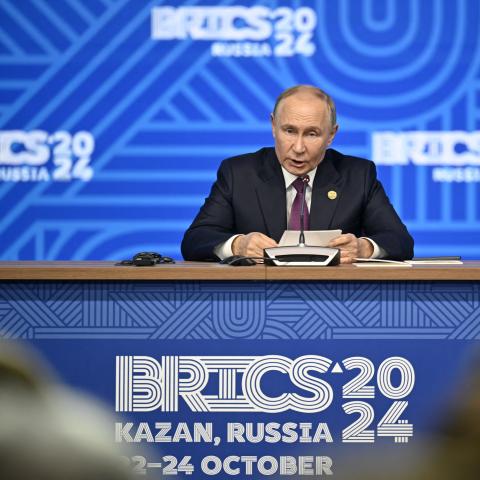 Russia's President Vladimir Putin speaks during the BRICS summit in Kazan, Russia, on October 24, 2024. (Alexander Nemenov/AFP via Getty Images)