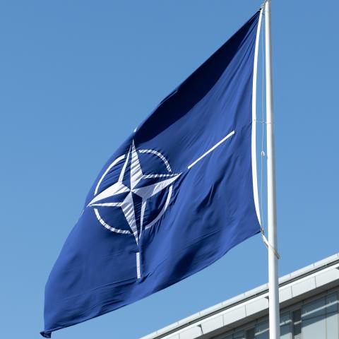The NATO flag is seen at the NATO headquarters building on April 4, 2025, in Brussels, Belgium. (Omar Havana via Getty Images)