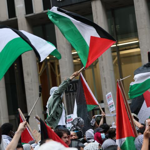 NEW YORK, NEW YORK - OCTOBER 07: Pro-Palestinian activists protest the war in Gaza on the October 7th Anniversary at the Newscorp headquarters on October 07, 2025 in New York City. The protest was held on the second anniversary of Hamas’s Oct. 7, 2023 attack on Israel that killed about 1,200 people and saw 251 hostages taken. Forty-eight hostages remain in Gaza. Gaza’s health authorities say more than 67,000 Palestinians have been killed in a war that has also displaced roughly 2 million people. Talks are u