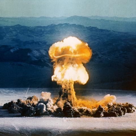 The fireball and plume from the Operation Plumbbob shot Priscilla atomic explosion are seen at Camp Mercury in Yucca Flats, Nevada, on June 24, 1957. (Getty Images)