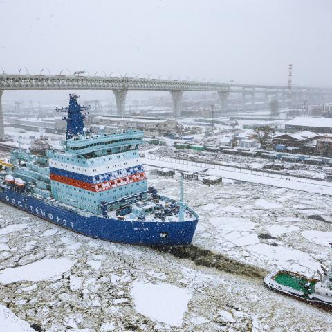 The nuclear icebreaker Yakutiya sails by Kanonersky Island during sea trials near St. Petersburg on January 3, 2025. (Getty Images)