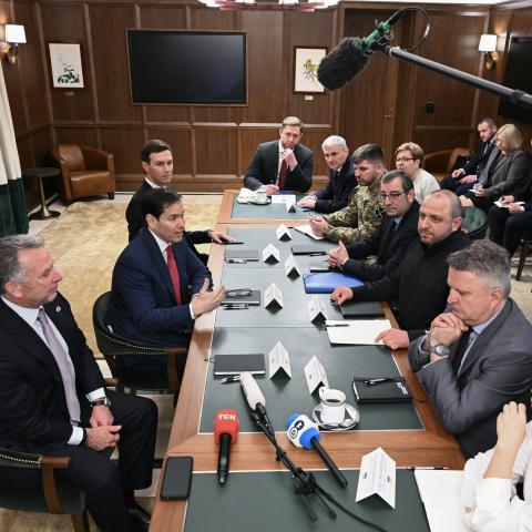 Secretary of State Marco Rubio speaks during a meeting with Ukrainian officials headed by Secretary of the National Security and Defense Council of Ukraine Rustem Umerov in Hallandale Beach, Florida, on November 30, 2025. (Getty Images)