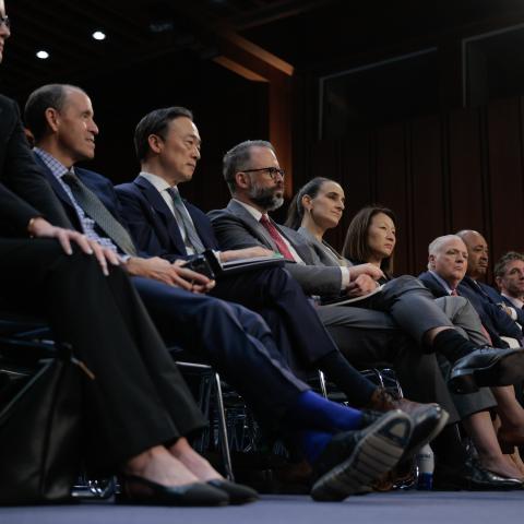 ech leaders sit as they testify before the Senate Committee on Commerce, Science, and Transportation on Capitol Hill on May 8, 2025, in Washington, DC. (Getty Images)
