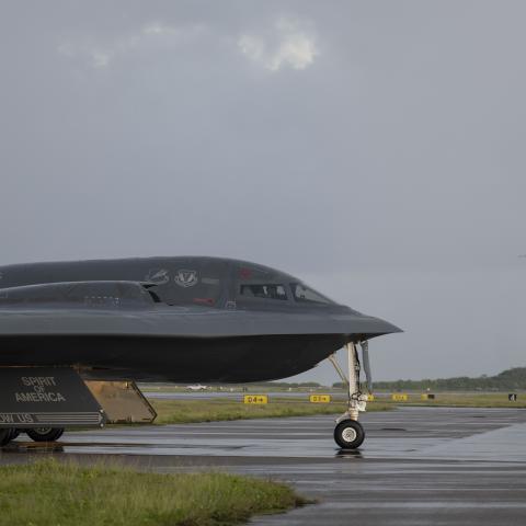 A US Air Force B-2 Spirit stealth bomber taxis on the flightline after a combat mission at Diego Garcia, British Indian Ocean Territory, on April 14, 2025. (US Air Force)